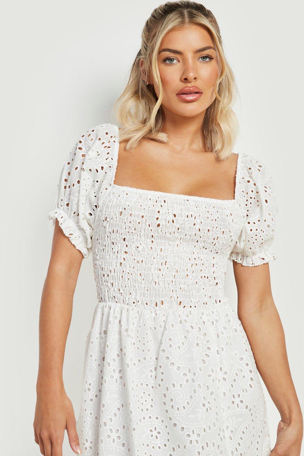 Boohoo denim v neck dress shop with puff sleeve in white