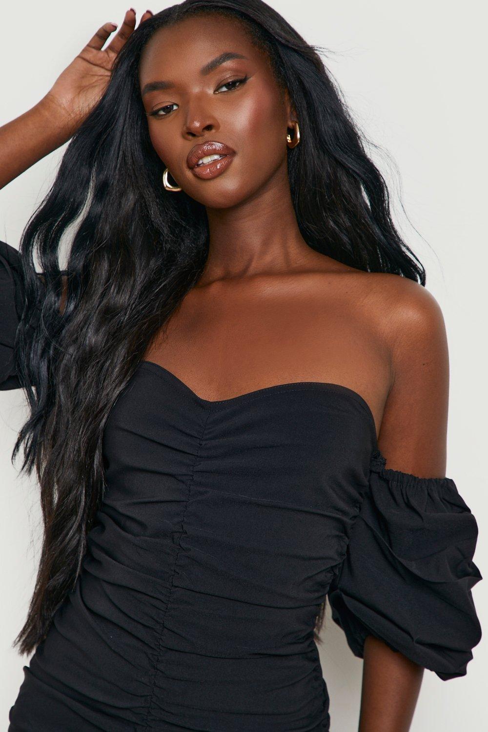 Boohoo black off outlet shoulder dress