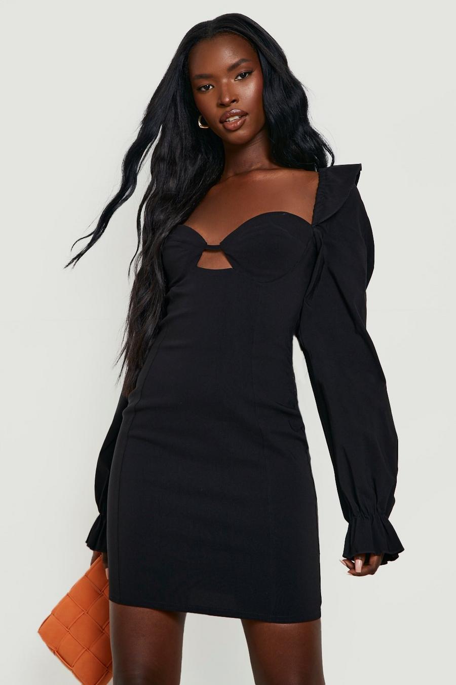 Black Long Sleeve Ruched Sleeve Mini Dress image number 1