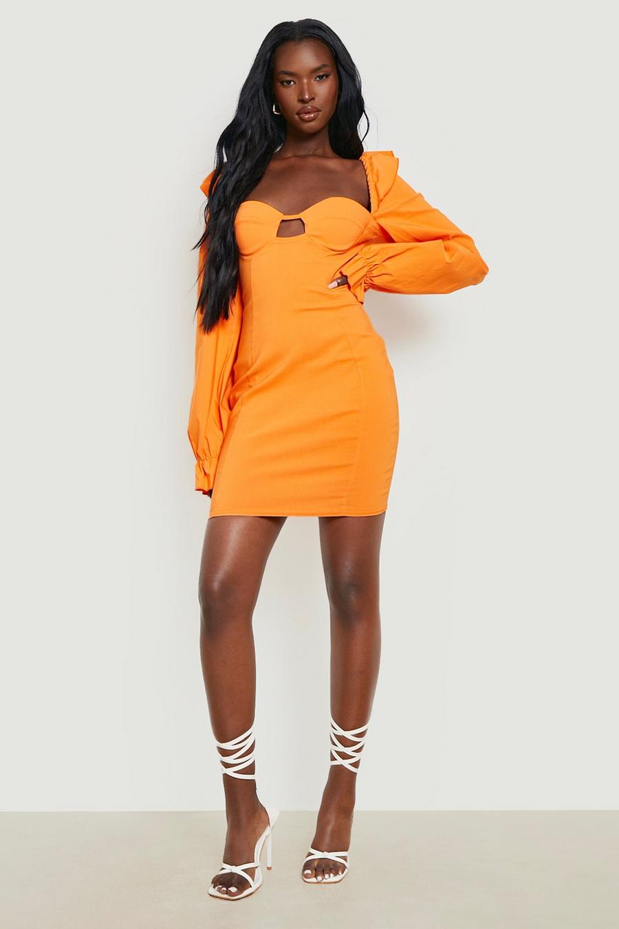 Orange Long Sleeve Ruched Sleeve Mini Dress