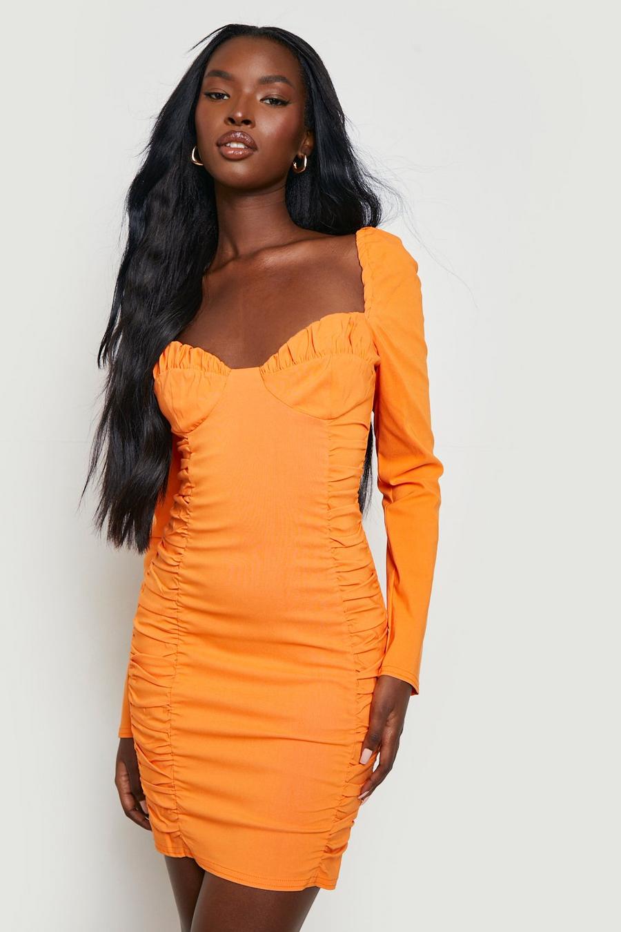 Orange Long Sleeve Ruched Cup Detail Mini Dress image number 1