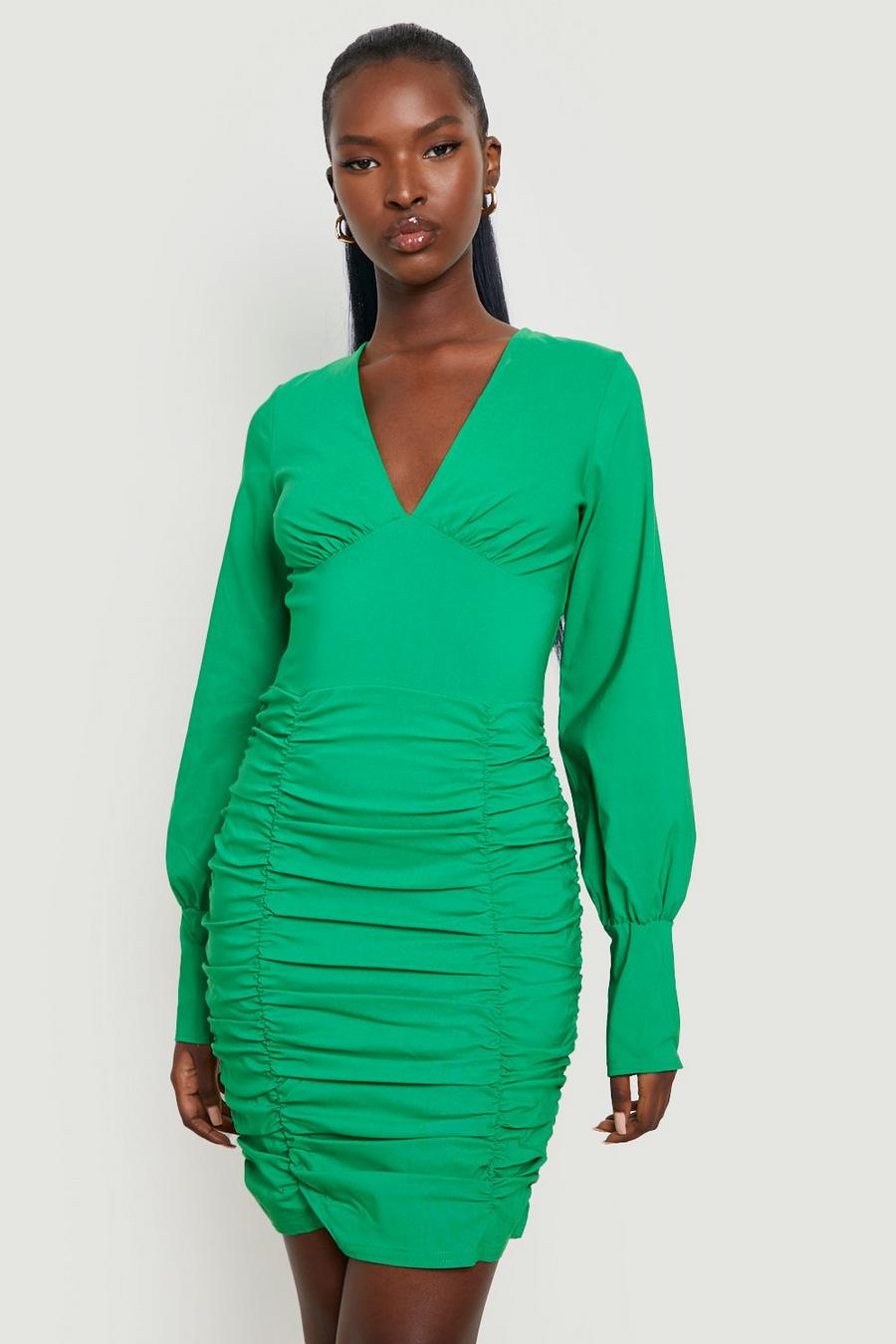 Green Long Sleeve Ruched Detail Mini Dress