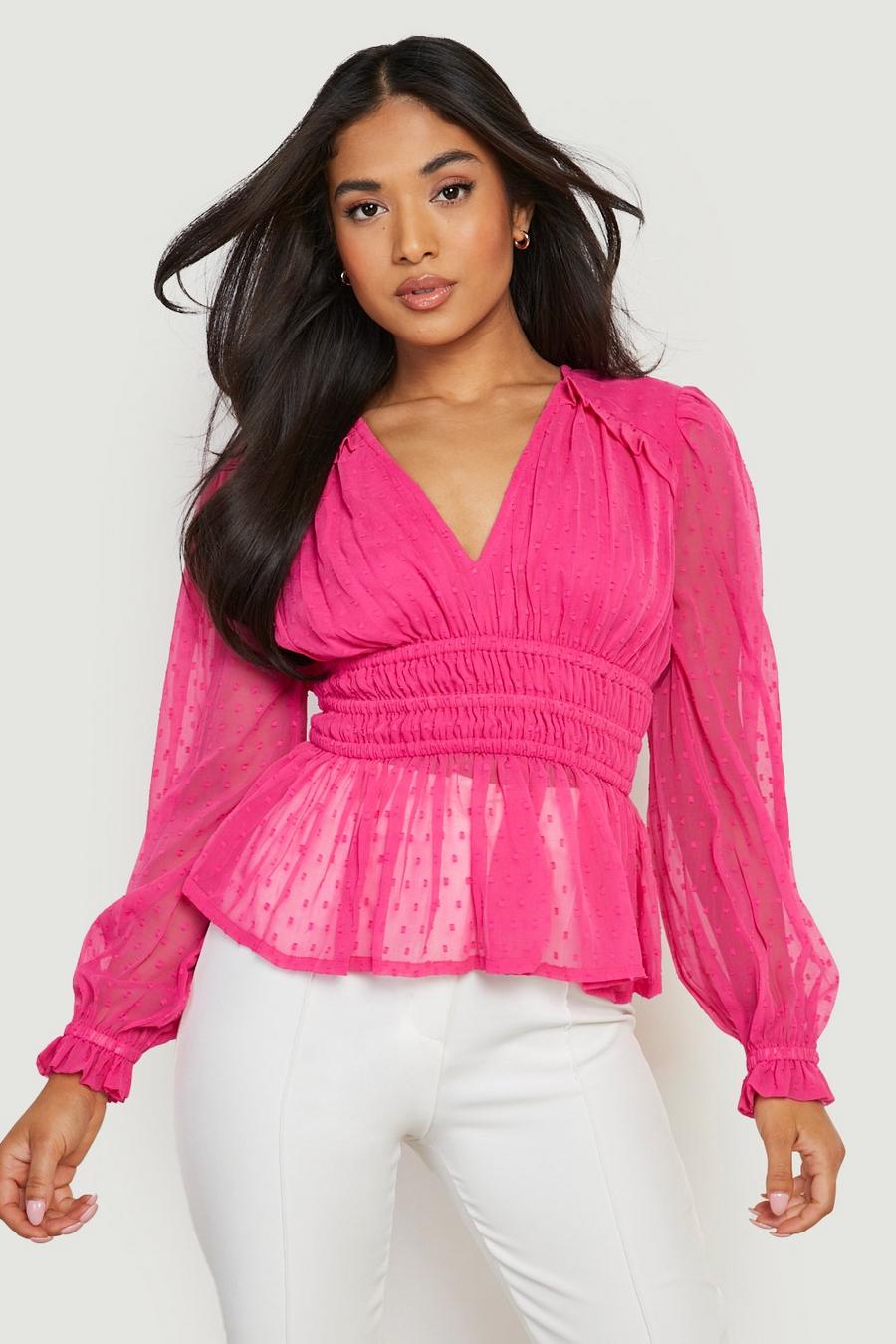 Pink Petite Dobby Mesh Puff Sleeve Blouse image number 1