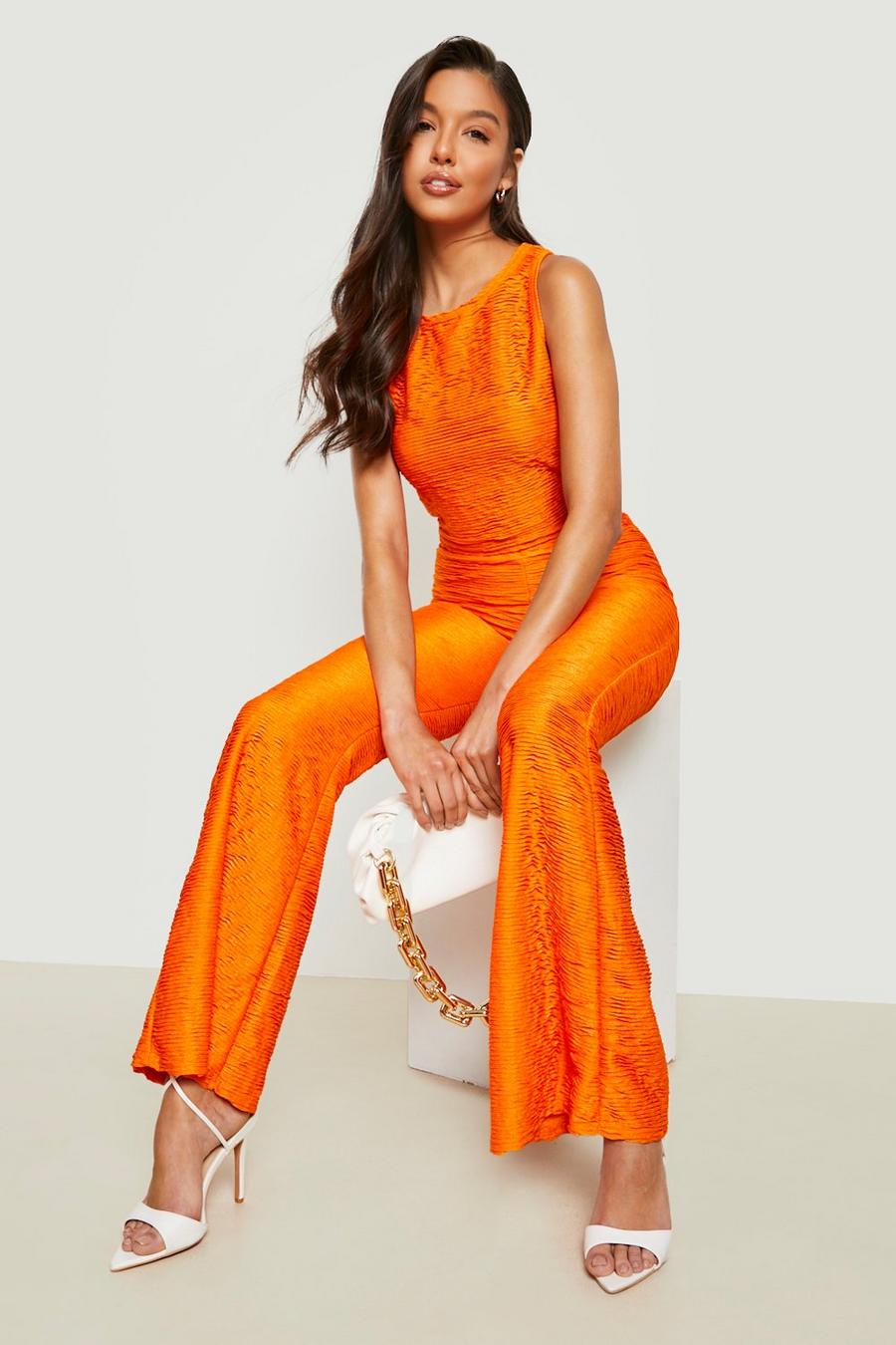 Orange Crinkle Plisse Racer Crop & Flared Trousers image number 1