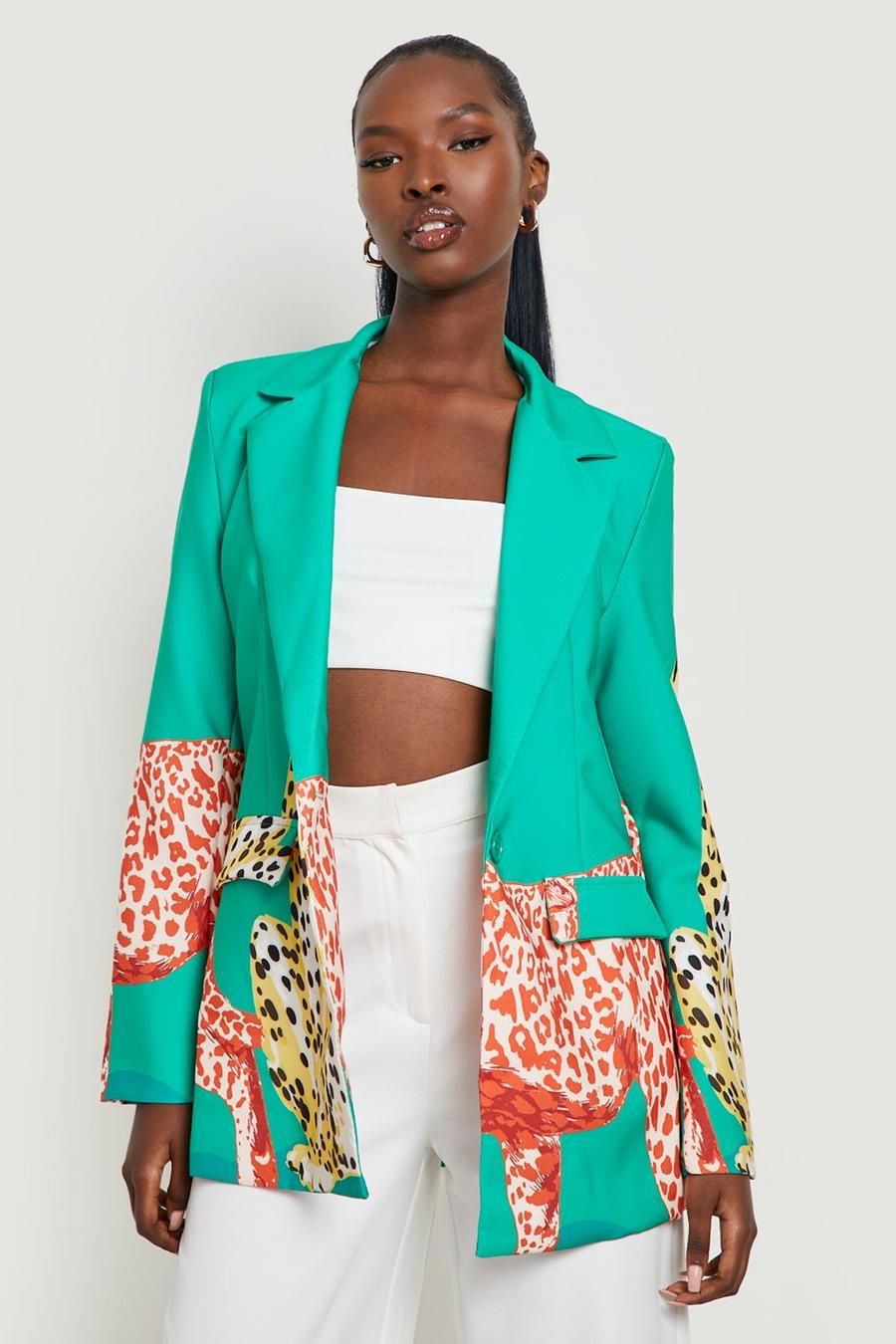 Bright green Cheetah Print Fitted Tailored Blazer