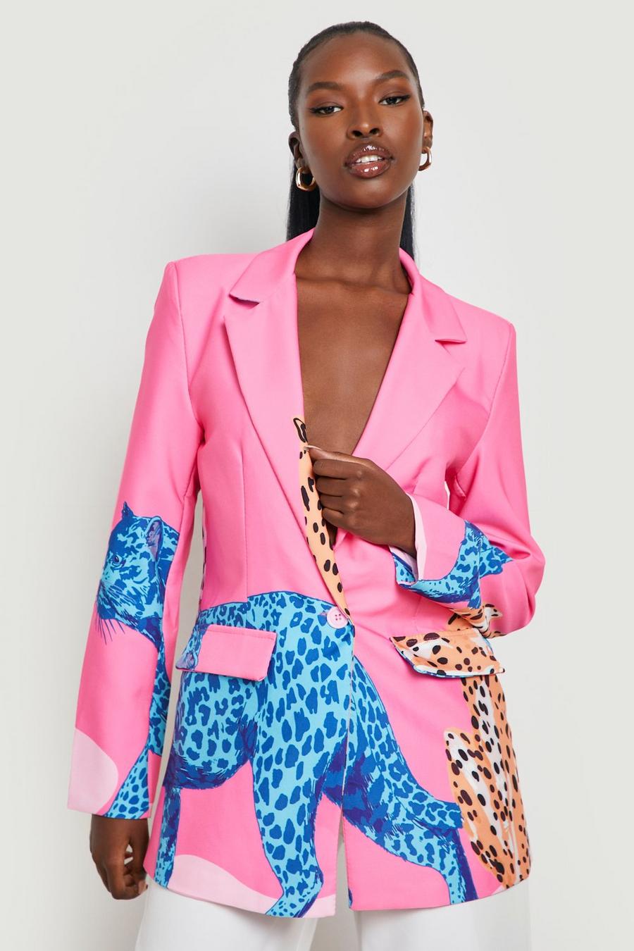 Hot pink Cheetah Print Fitted Tailored Blazer image number 1