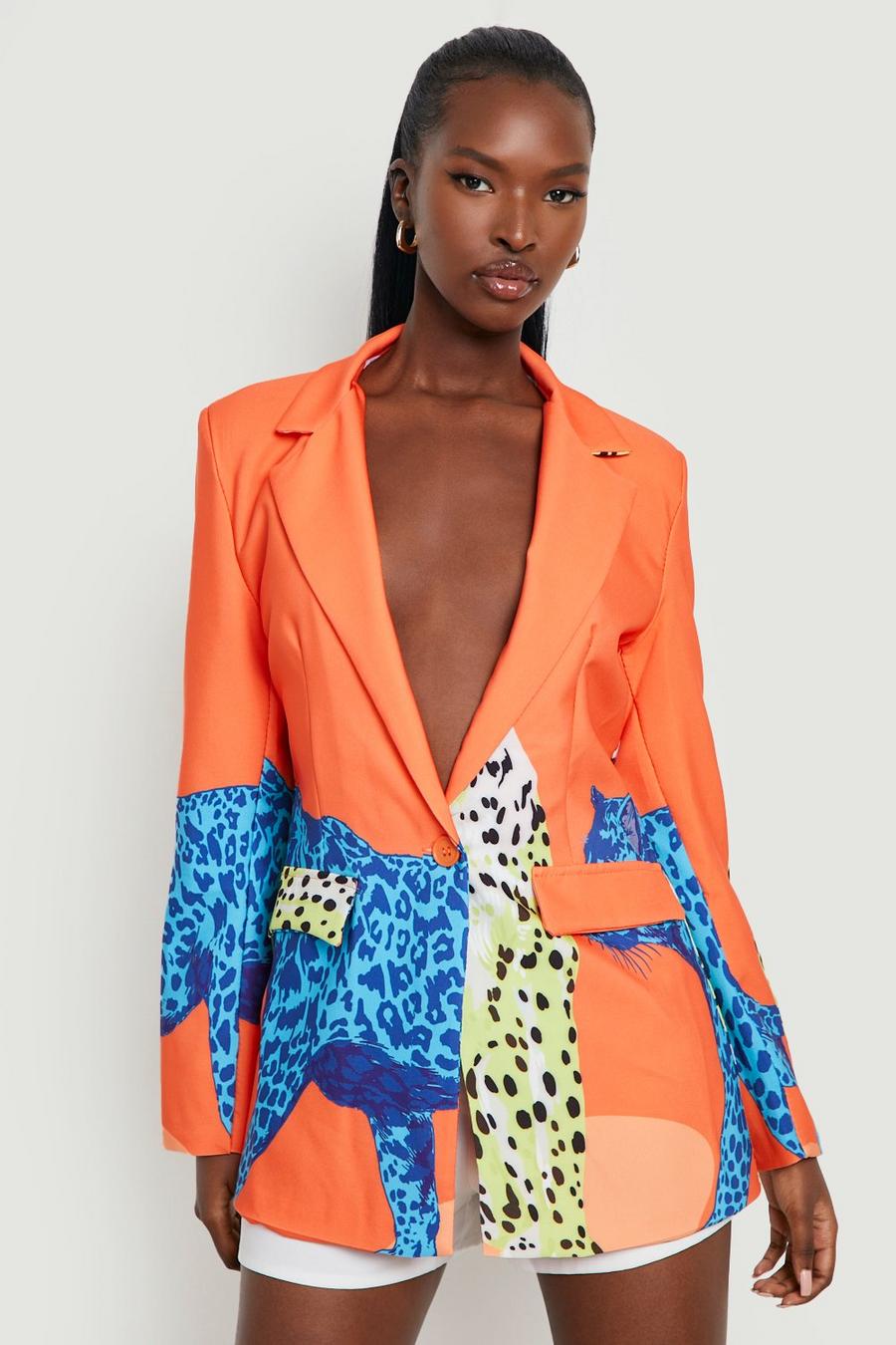 Orange Cheetah Print Fitted Tailored Blazer image number 1