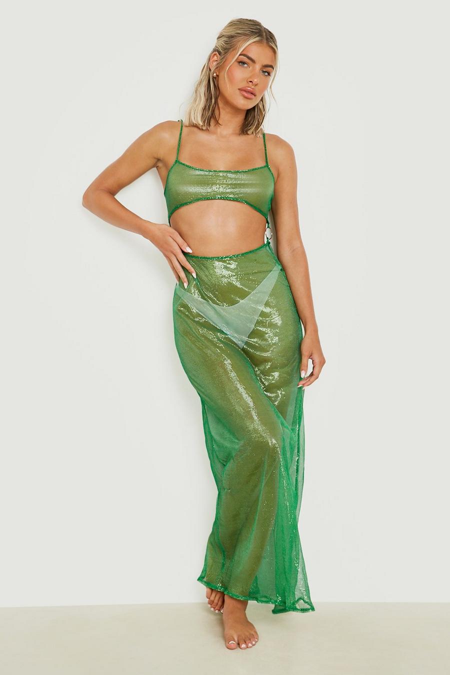 Bright green Glitter Fishnet Cut Out Midaxi Beach Dress