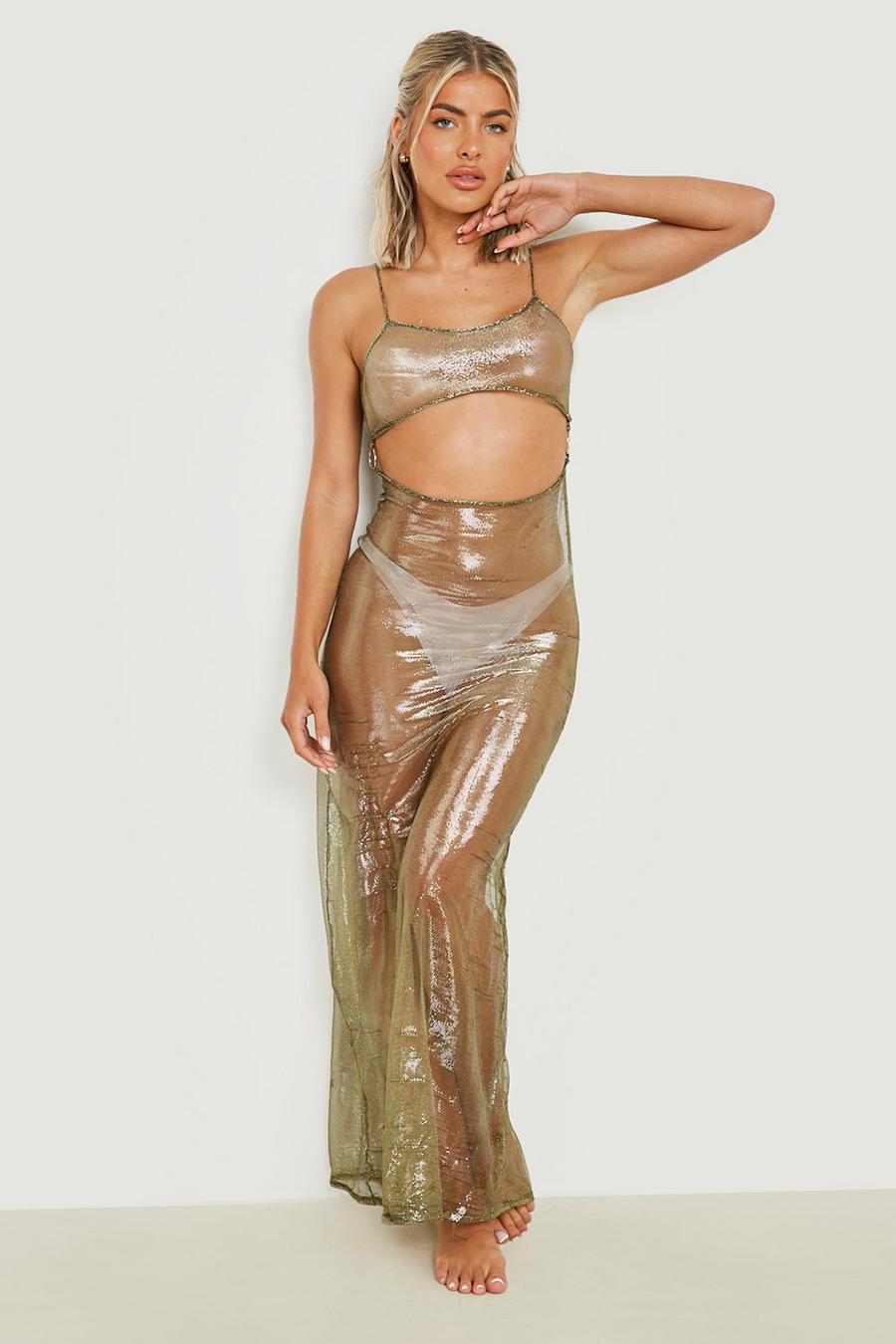Charcoal Glitter Fishnet Cut Out Midi Beach Dress image number 1