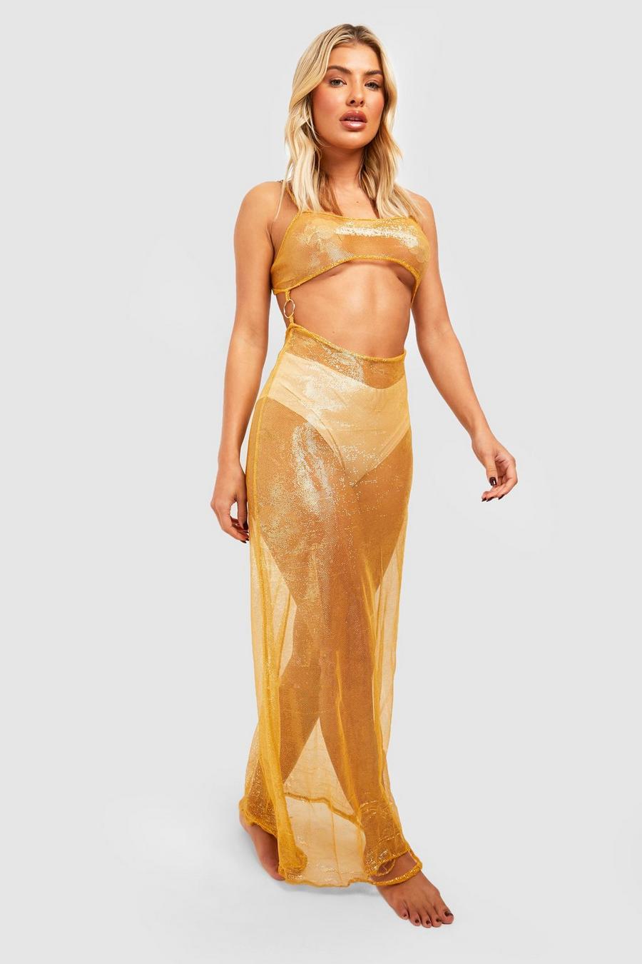 זהב metallizzato שמלת חוף מידקסי מבד רשת דייגים עם נצנצים וחיתוכים