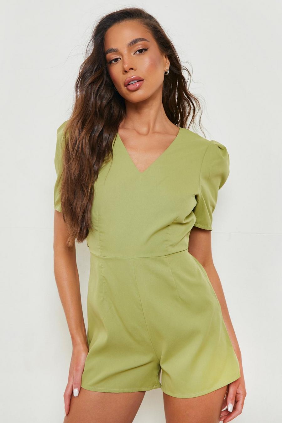 Washed khaki Woven Tie Back Playsuit image number 1