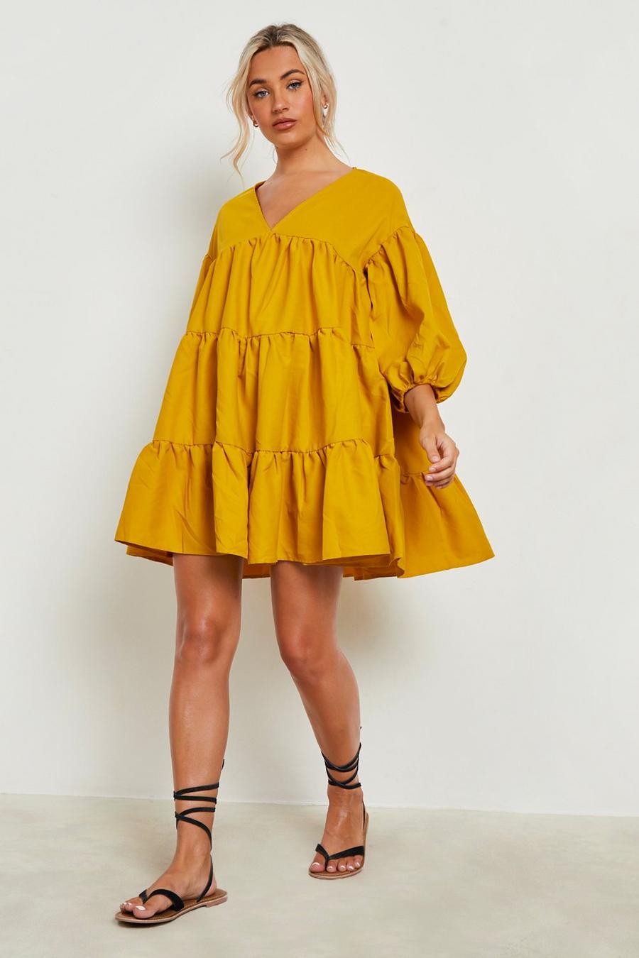 Mustard yellow Tiered Oversized Smock Dress image number 1