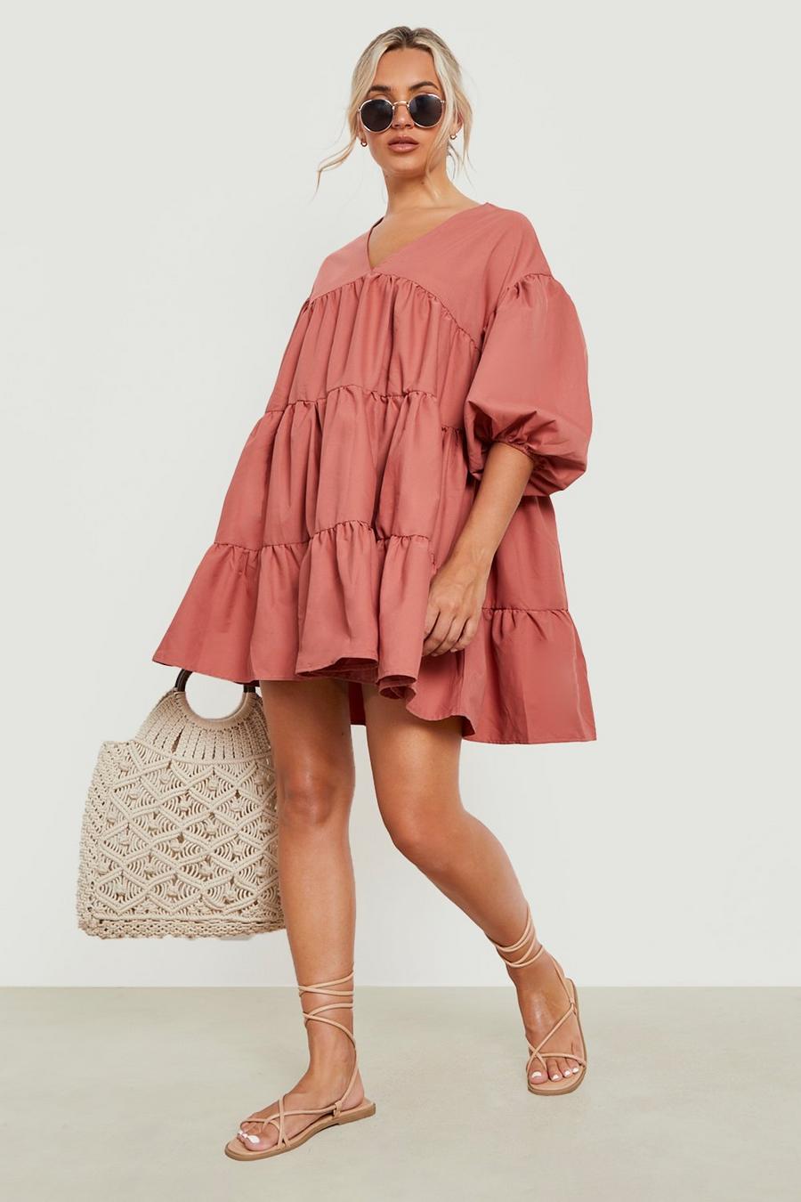 Tan Tiered Oversized Smock Dress image number 1