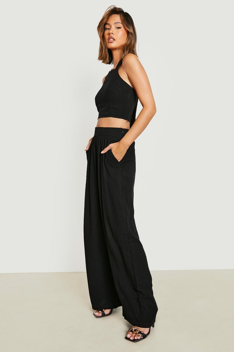 Black Linen Look Relaxed Fit Wide Leg Pants image number 1