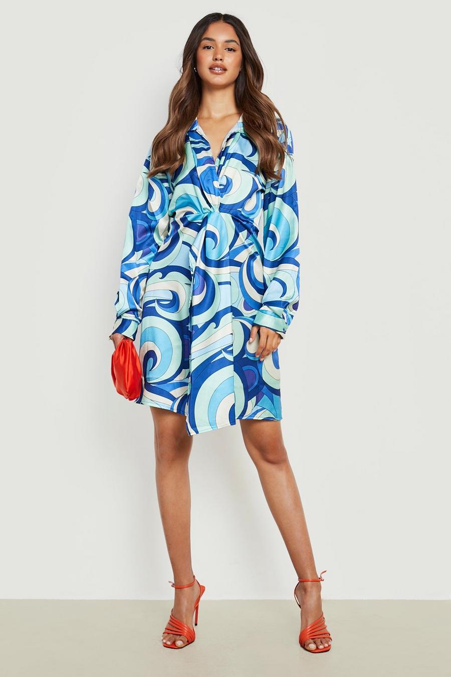 Blue Satin Abstract Twist Front Shirt Dress image number 1