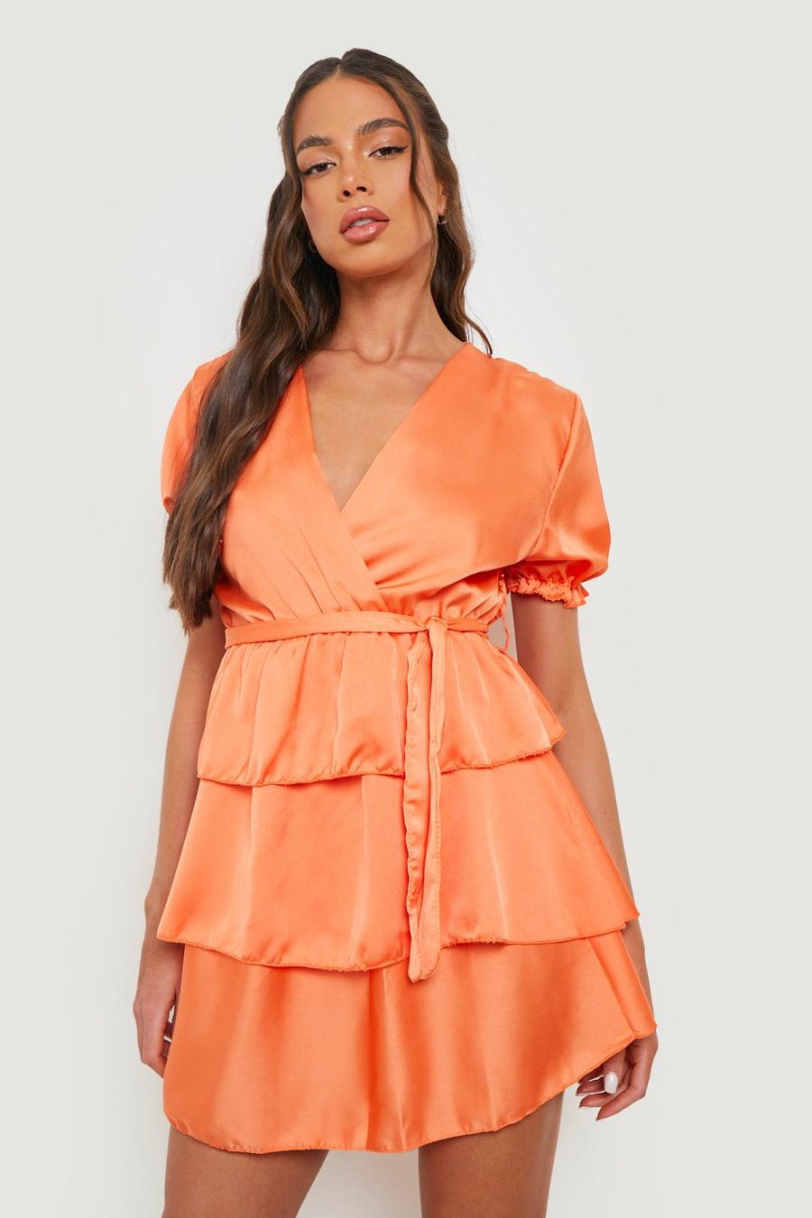 Orange Satin Ruffle Short Sleeve Skater Dress 