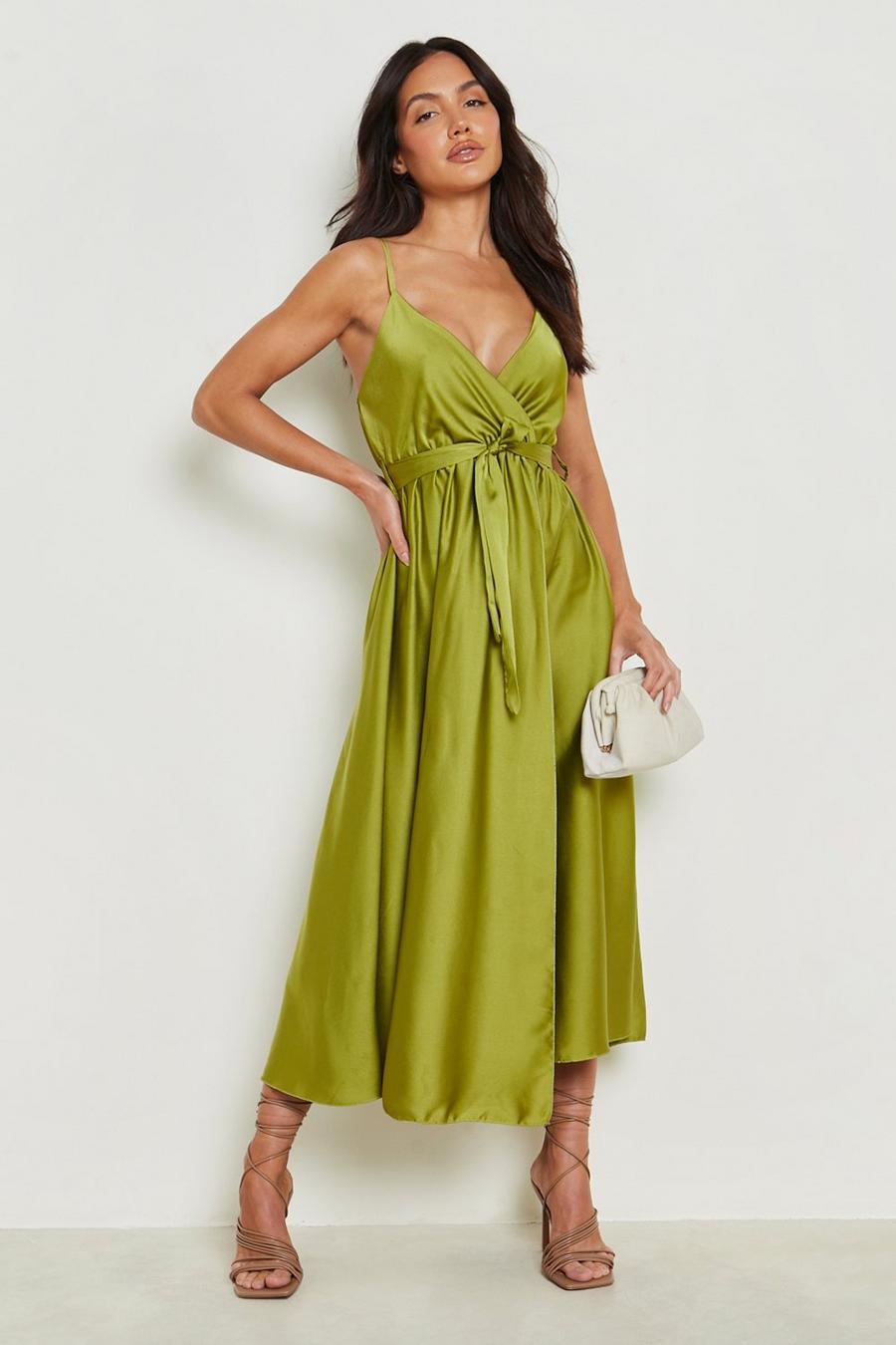 Chartreuse Satin Wrap Self Belted Maxi Dress image number 1