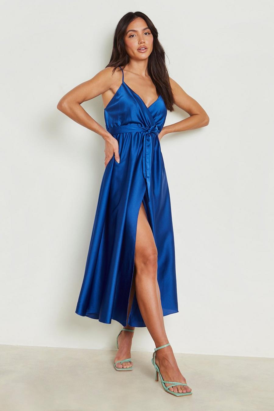 Cobalt Satin Wrap Self Belted Maxi Dress image number 1