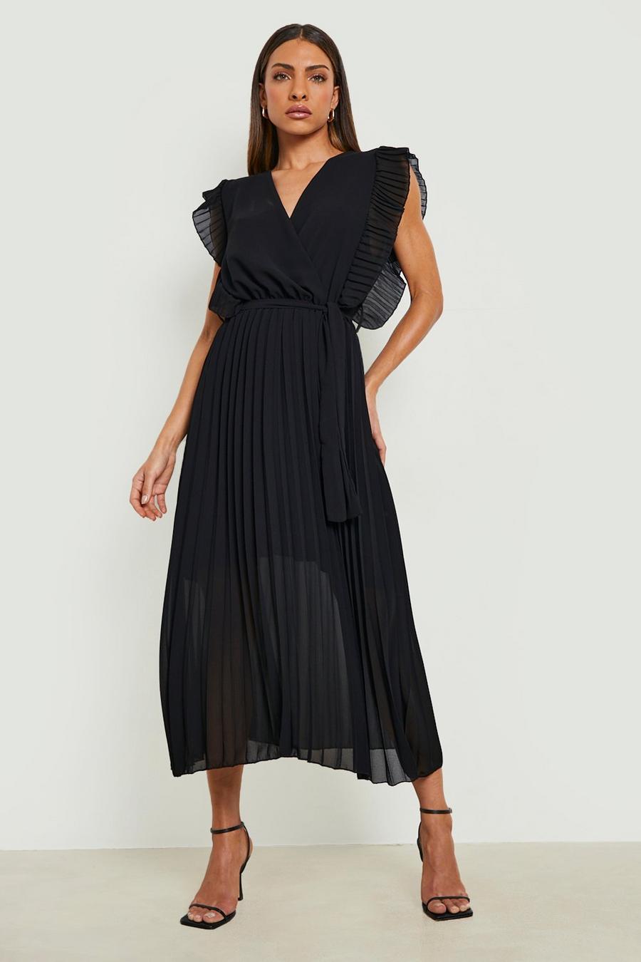 Black svart Pleated Belted Wrap Front Midi Dress