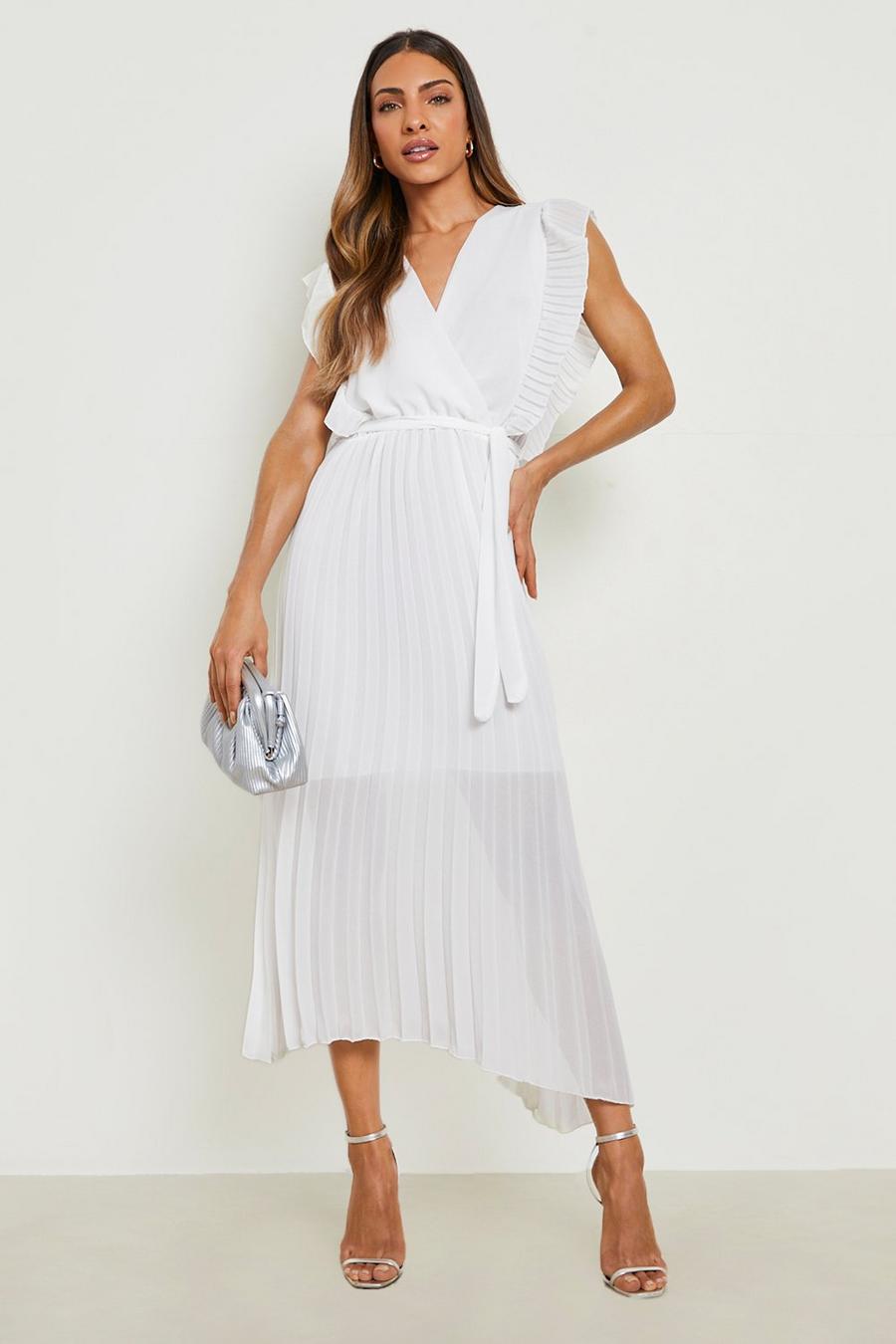 Ivory white Pleated Belted Wrap Front Midi Dress