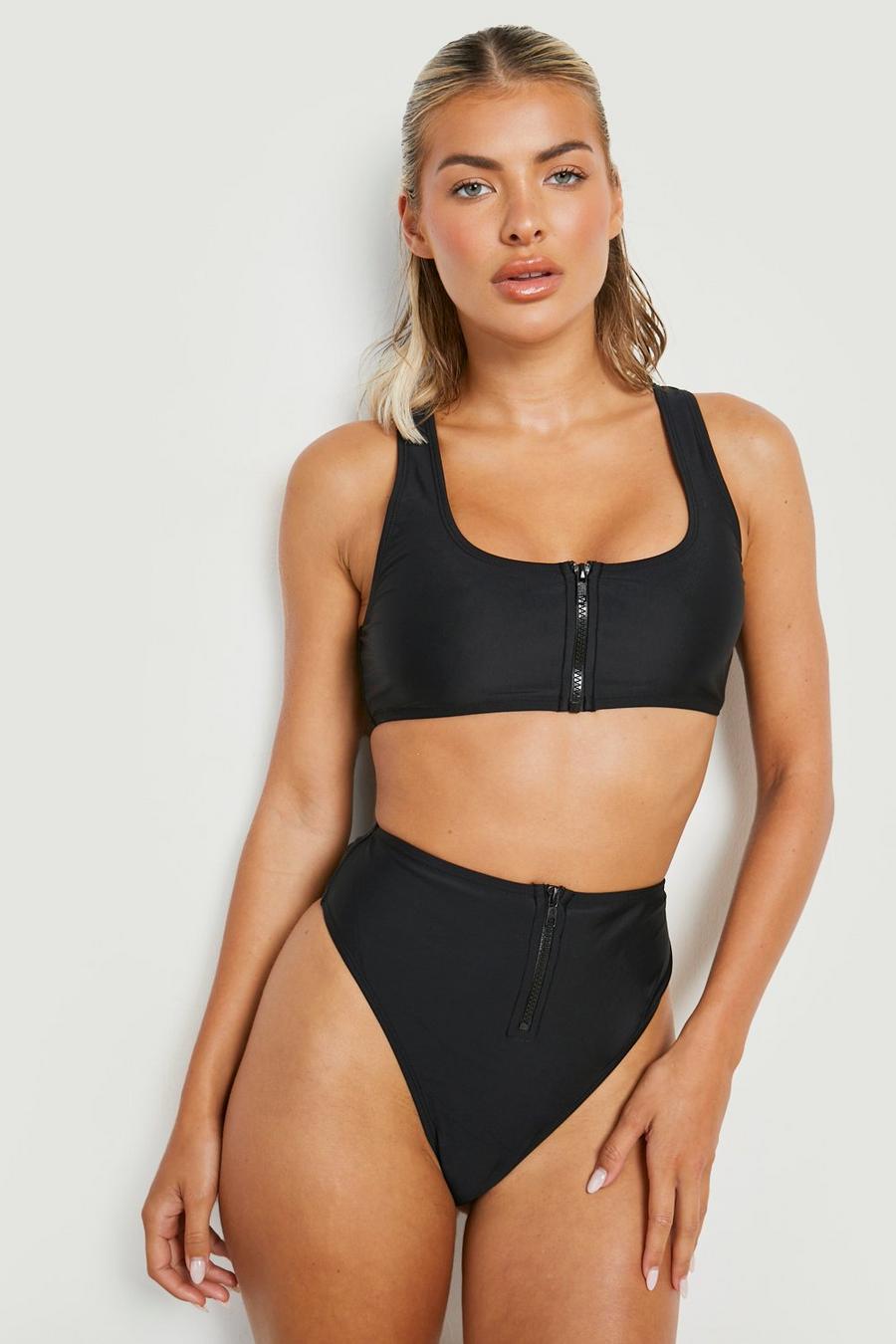 Black Zip Front High Waisted Bikini Brief image number 1