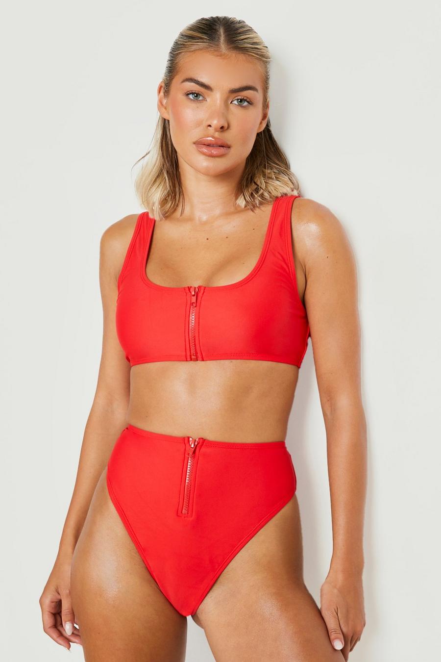 Red Zip Front High Waisted Bikini Brief