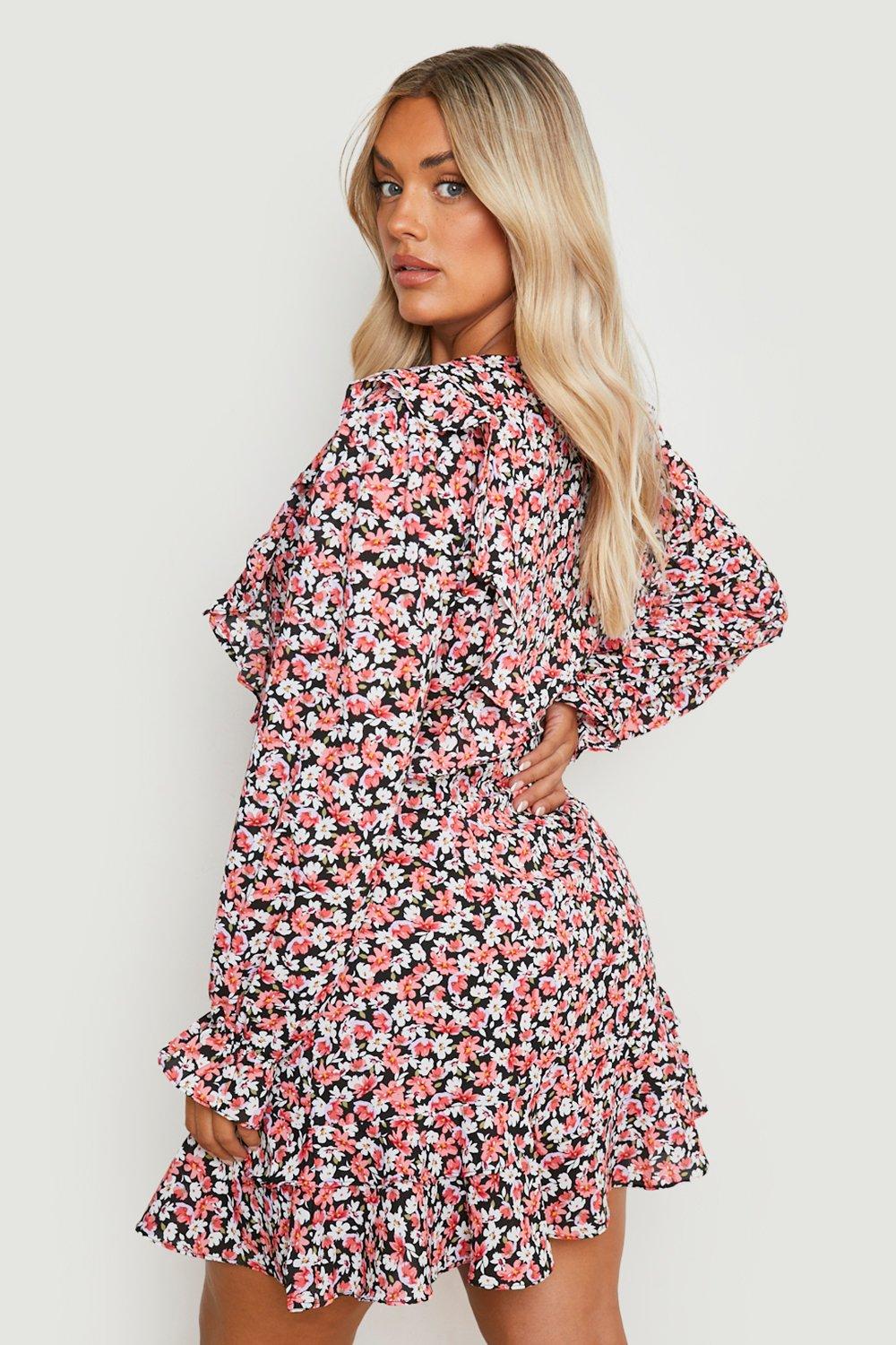 Long sleeve short ruffle dress sale