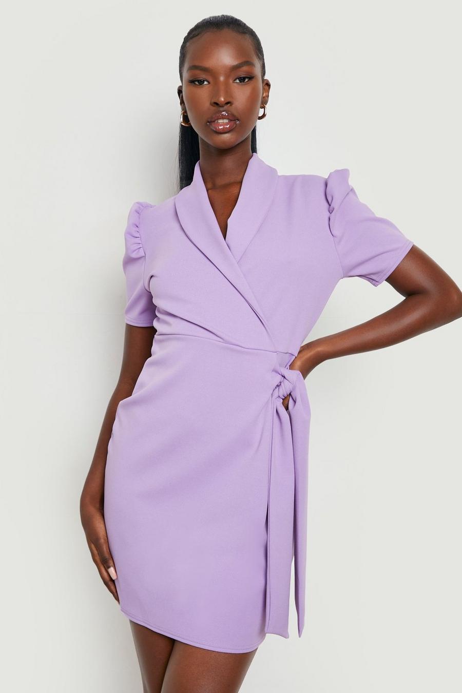 Lilac violet Puff Sleeve Belted Shirt Dress