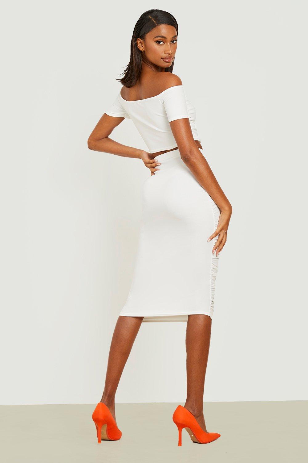 White ruched bardot store dress