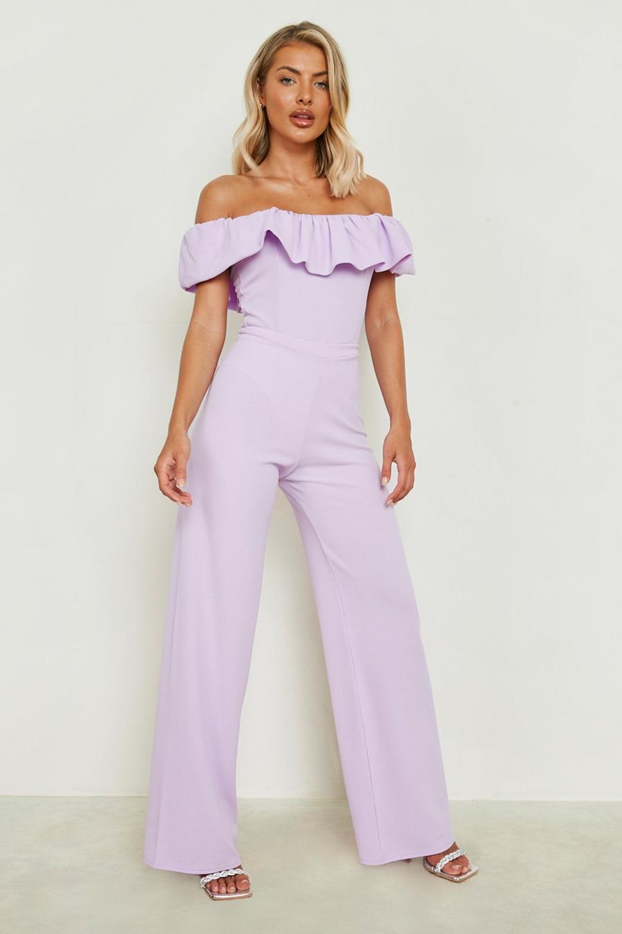 Lilac violet Volume Bardot Bodysuit & Wide Leg Trousers 