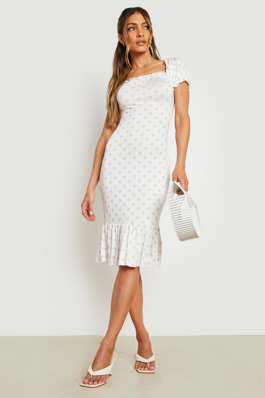 Cream white Polka Dot Puff Sleeve Midi Dress