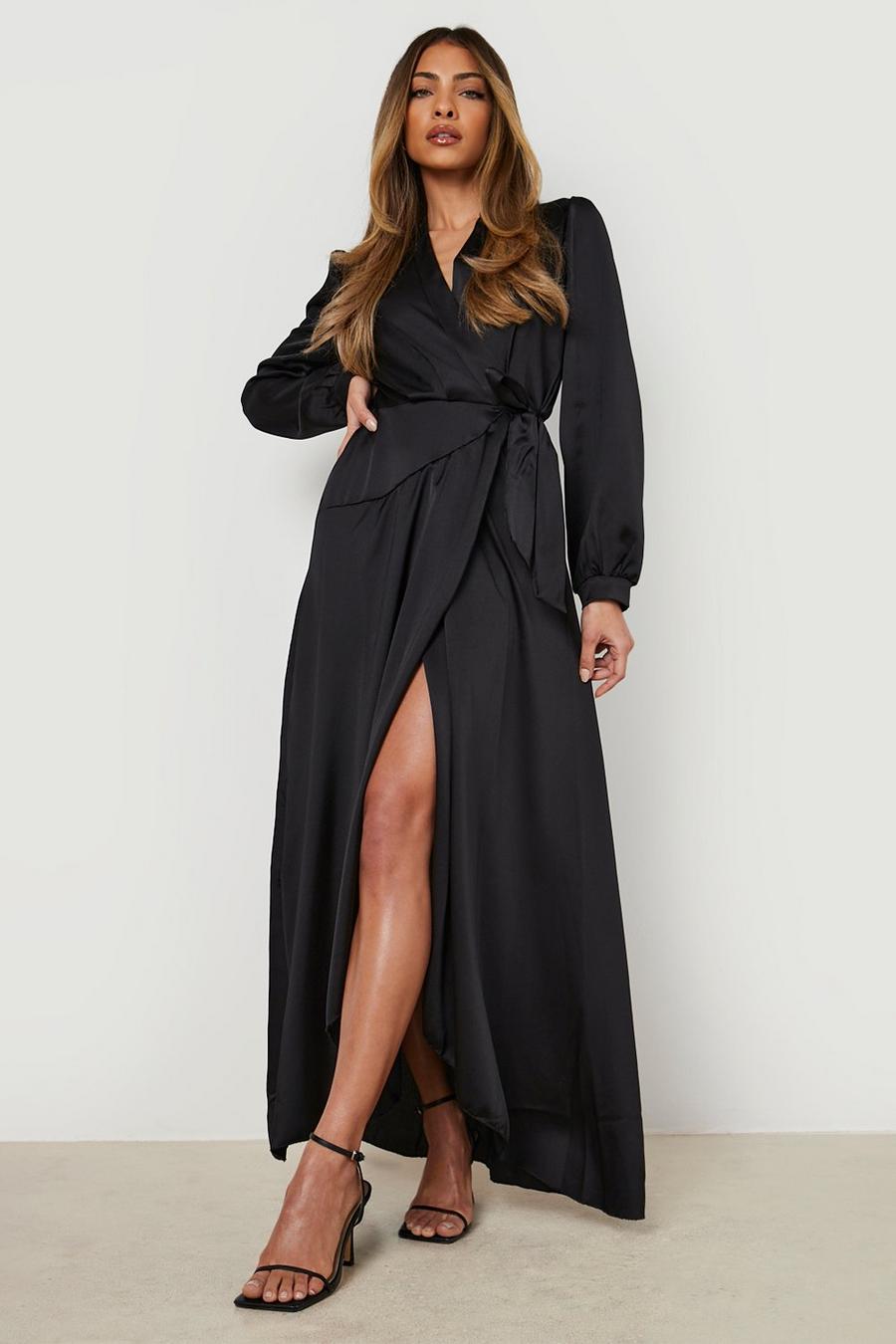 Black Satin Wrap Belted Maxi Dress image number 1