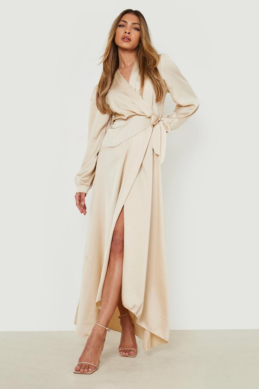 Champagne beige Satin Wrap Belted Maxi Dress