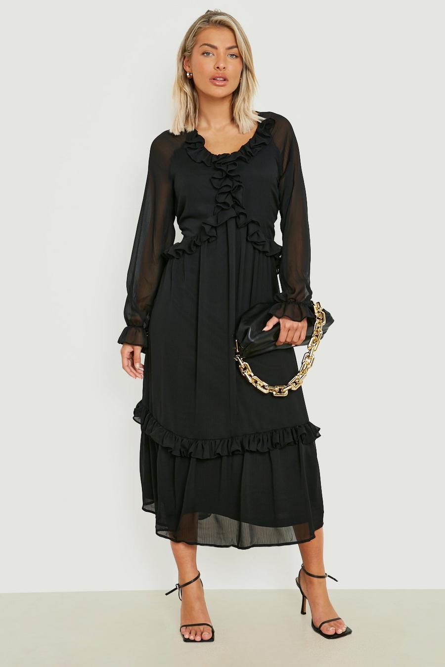 Black Ruffle Detail Chiffon Midaxi Dress