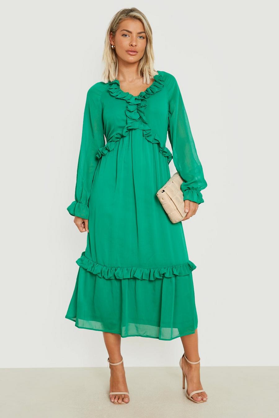 Green Ruffle Detail Chiffon Midi Dress image number 1