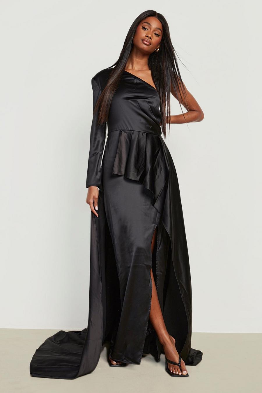 Black Satin Asymmetric Split Peplum Maxi Dress image number 1