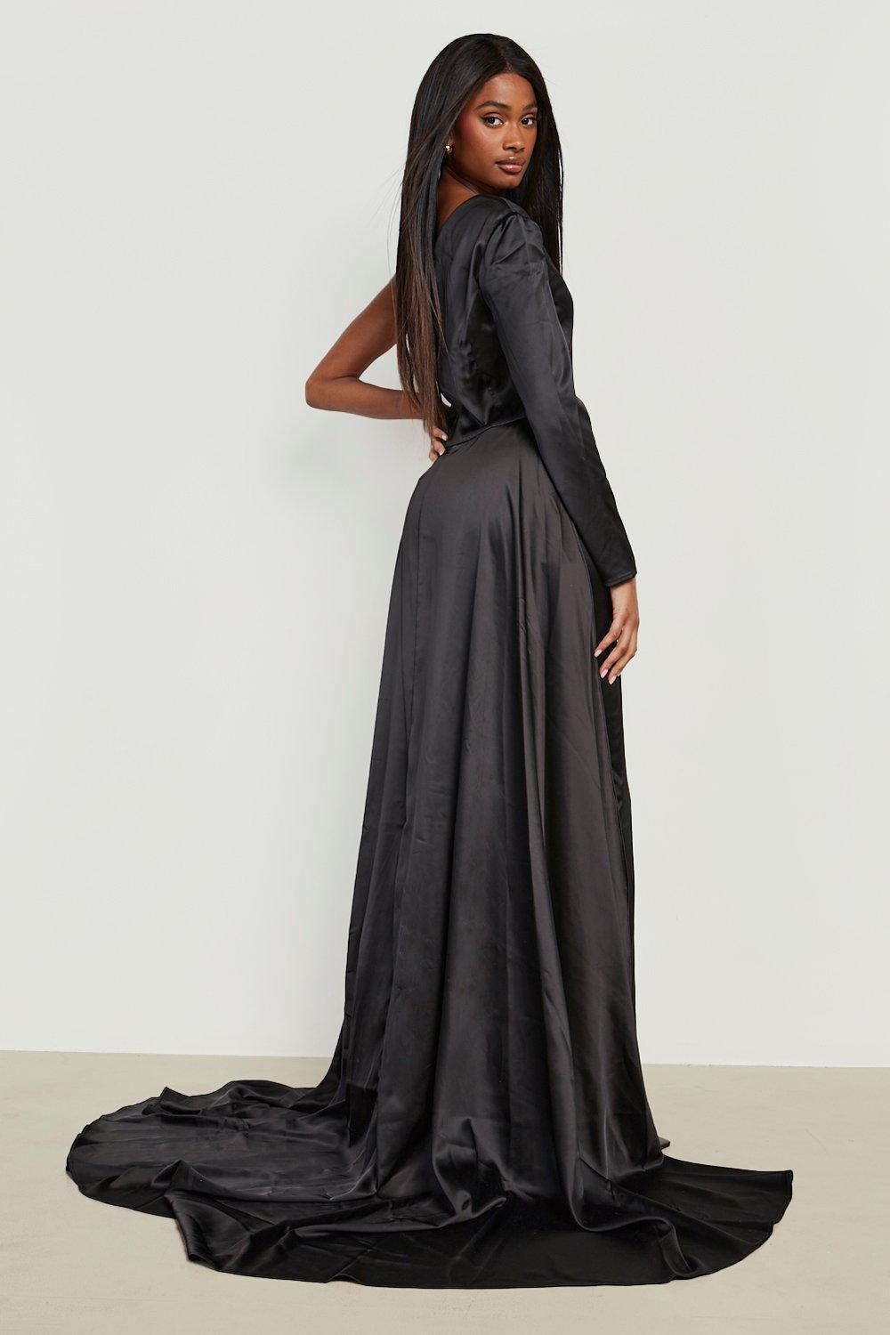 Black satin maxi dress with split hotsell