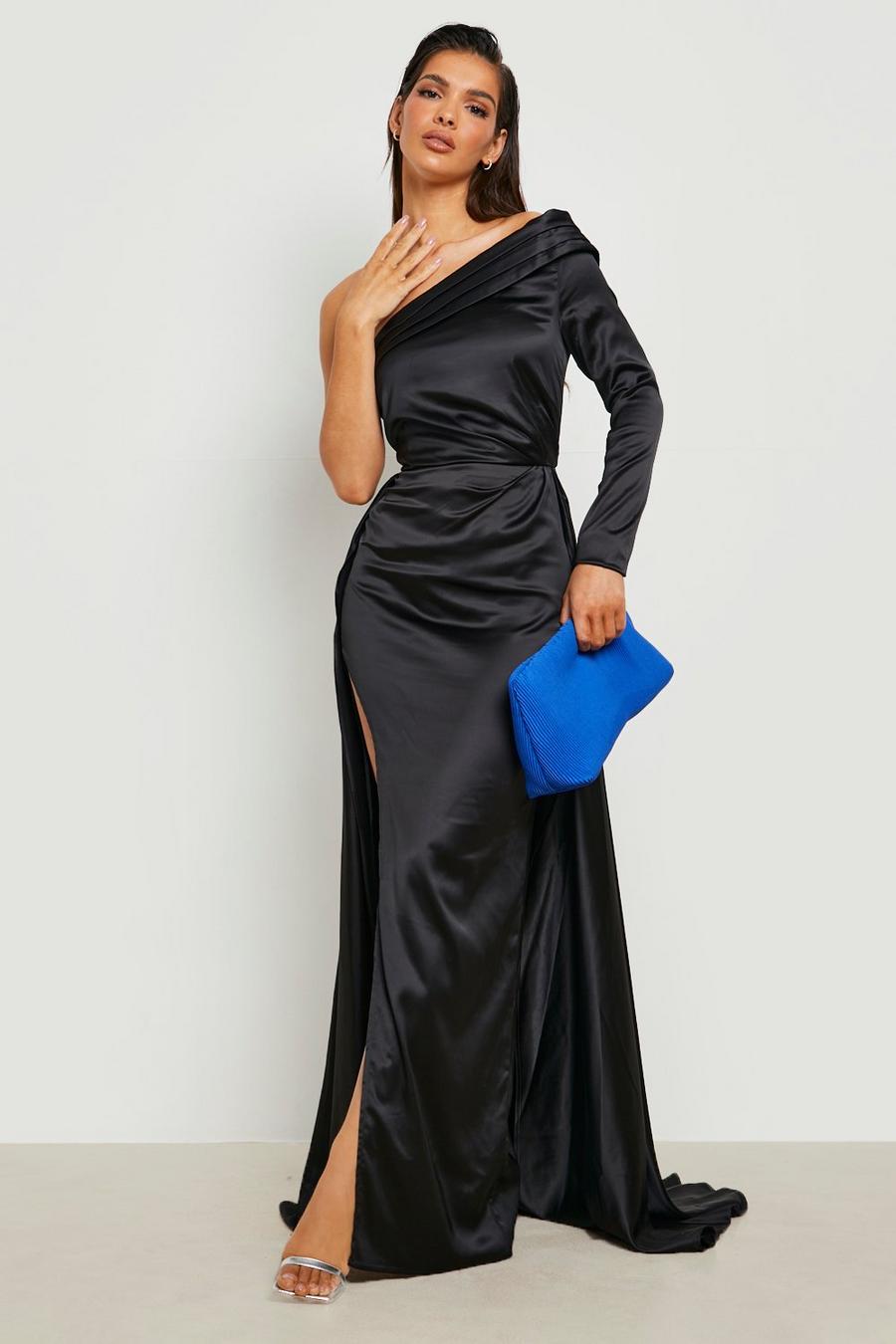 Black Satin Asymmetric Draped Maxi Dress image number 1