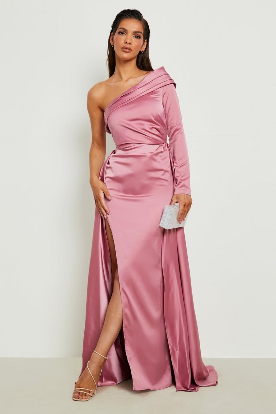 Blush Satin Asymmetric Draped Maxi Dress image number 1