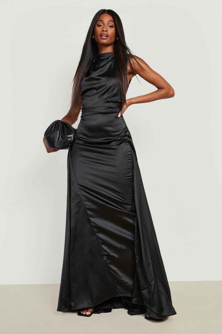 Black Satin High Neck Draped Maxi Dress image number 1