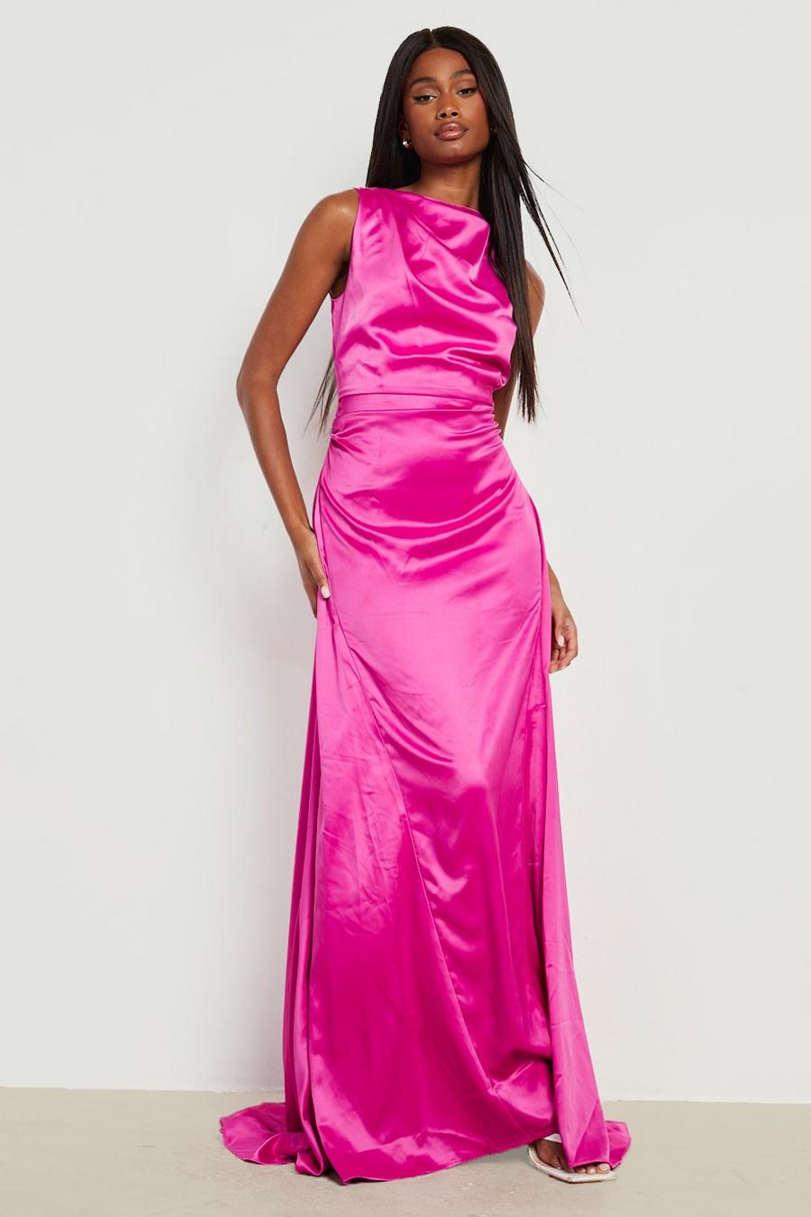 Magenta pink Satin High Neck Draped Maxi Dress