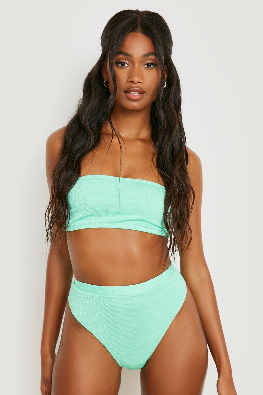 Soft green khaki Shirred Texture High Waisted Bikini Brief