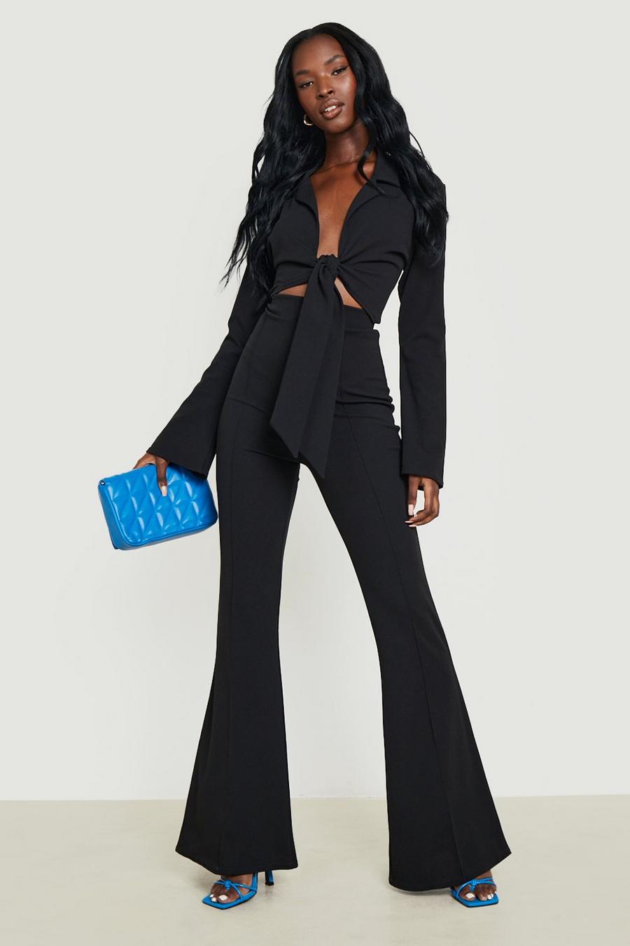 Black Flared Sleeve Knot Blazer & Flared Trousers image number 1
