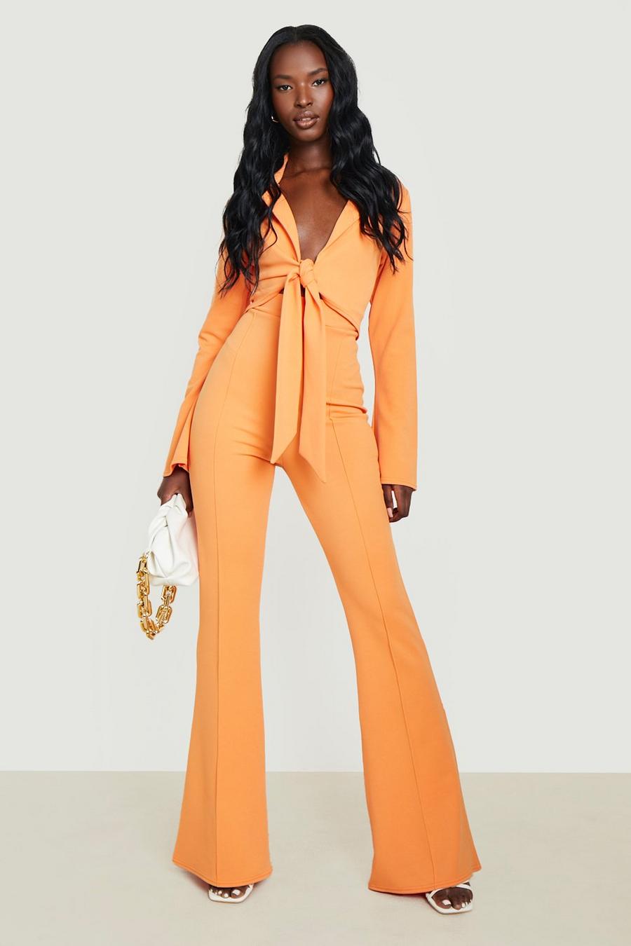 Orange Flared Sleeve Knot Blazer & Flared Trousers image number 1