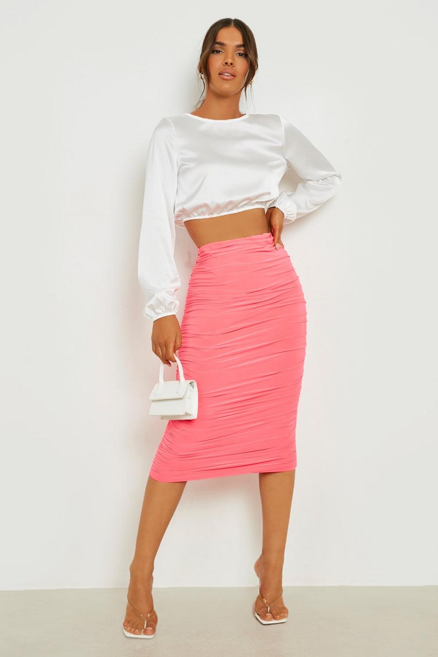 Hot pink rosa Double Slinky Ruched Side Midi Skirt