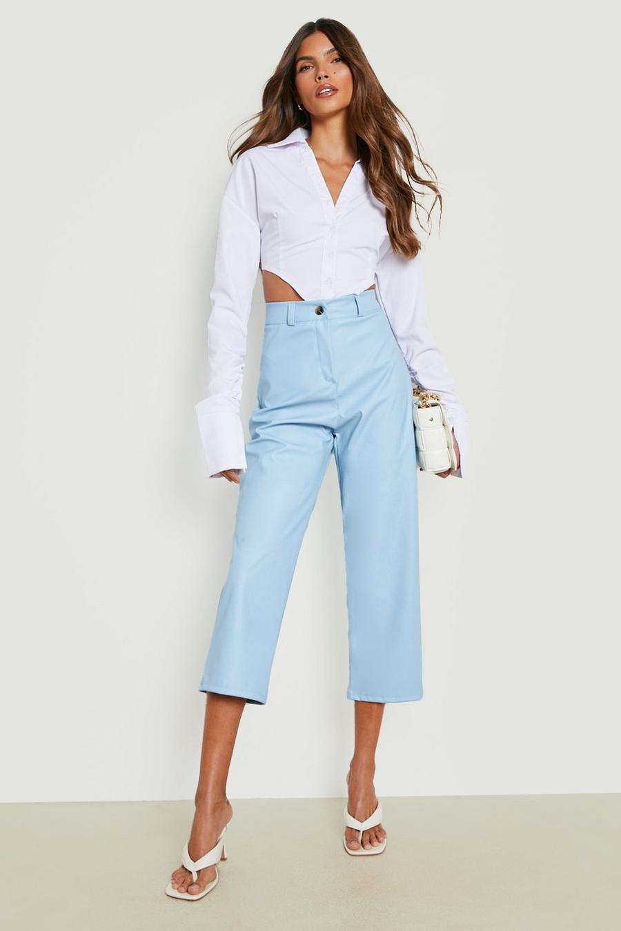 Blue Leather Look Cropped Trousers image number 1