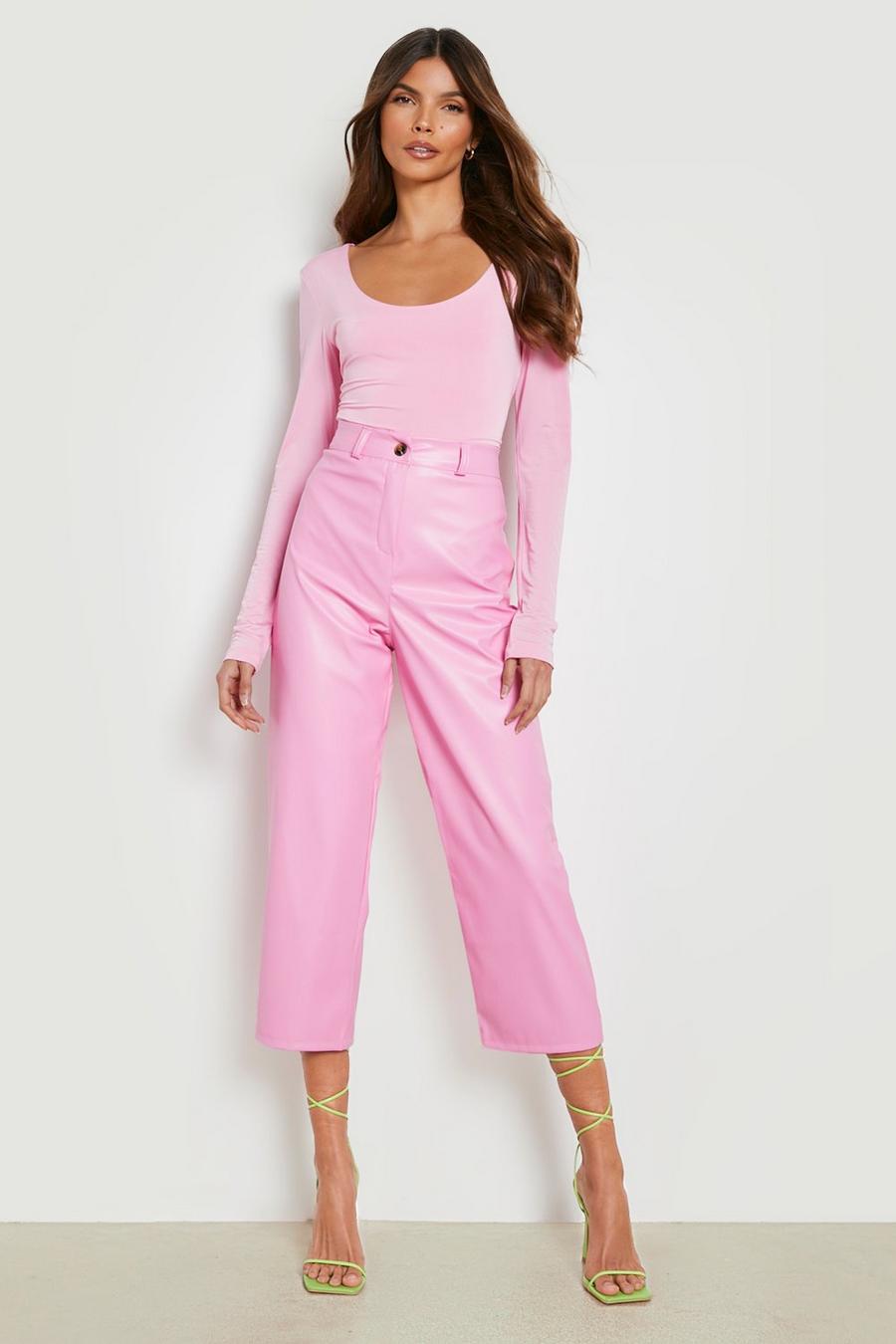Pink rose Leather Look Cropped Trousers