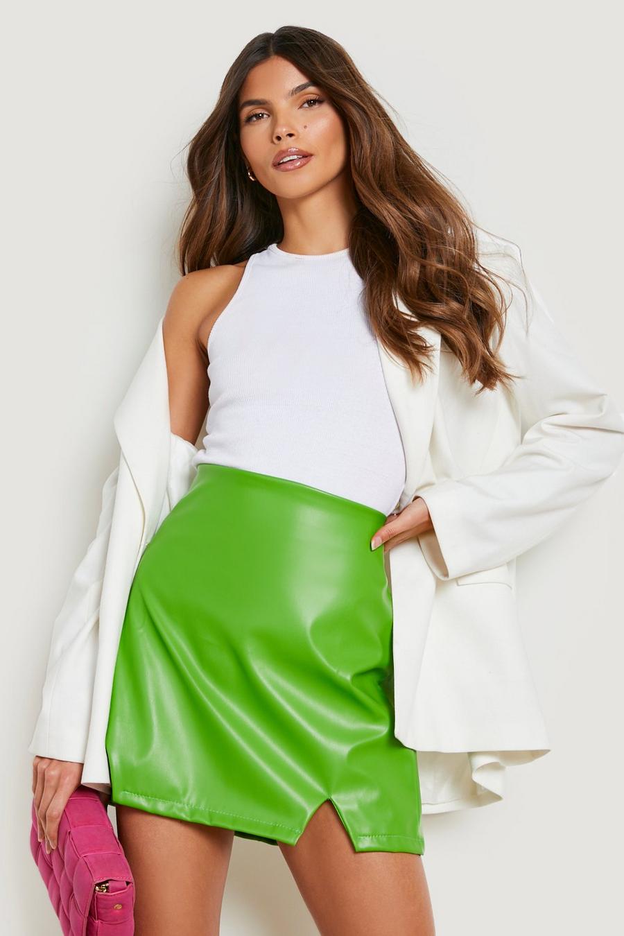 Green Double Split Front Hem Faux Leather Mini Skirt image number 1