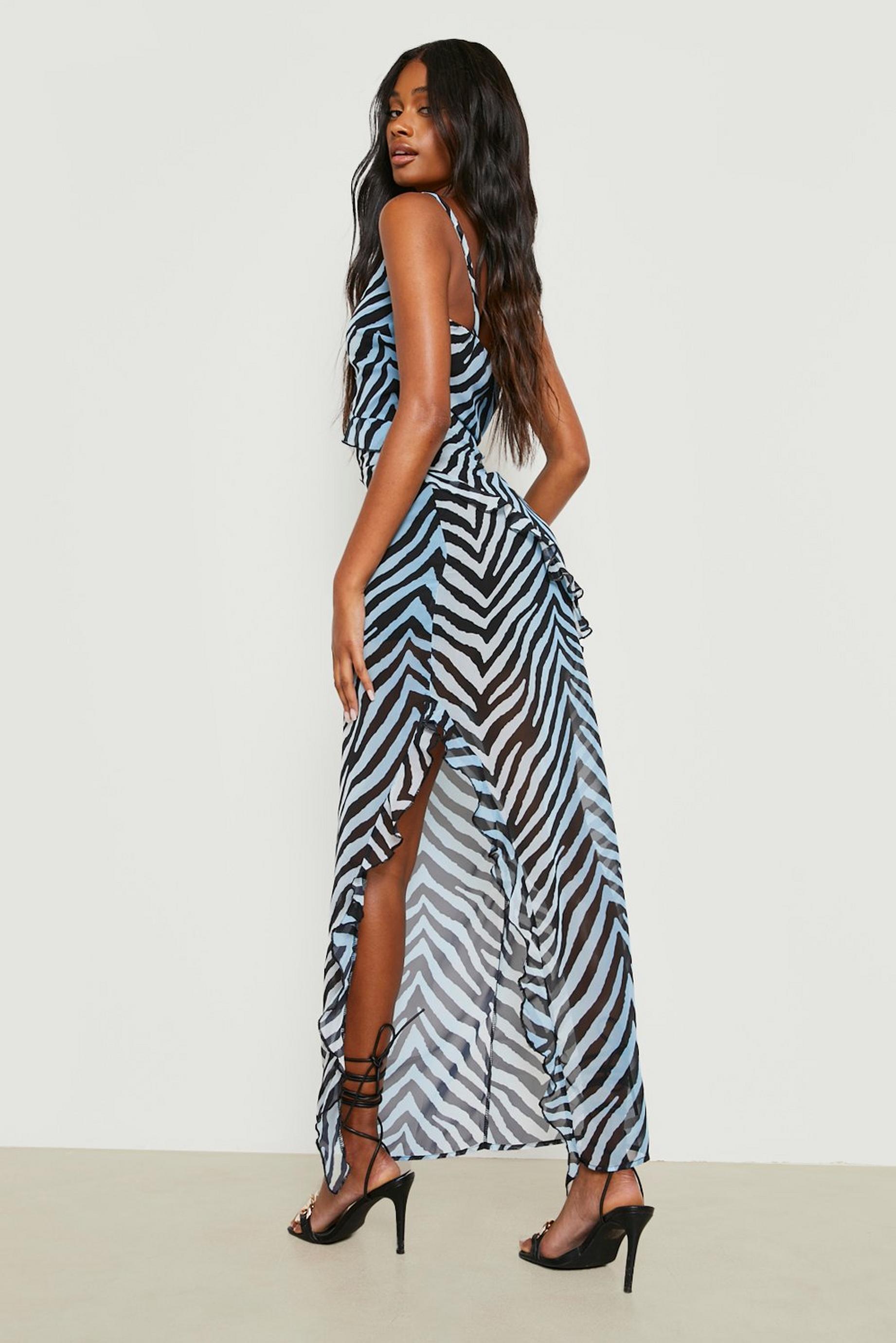 Ruffle Detail Zebra Print Maxi Slip Dress