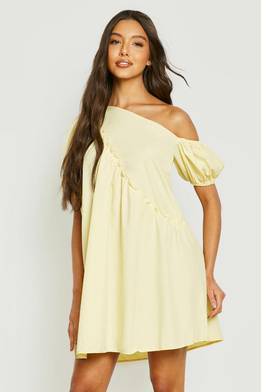 Lemon yellow One shoulder-klänning med volymärm image number 1